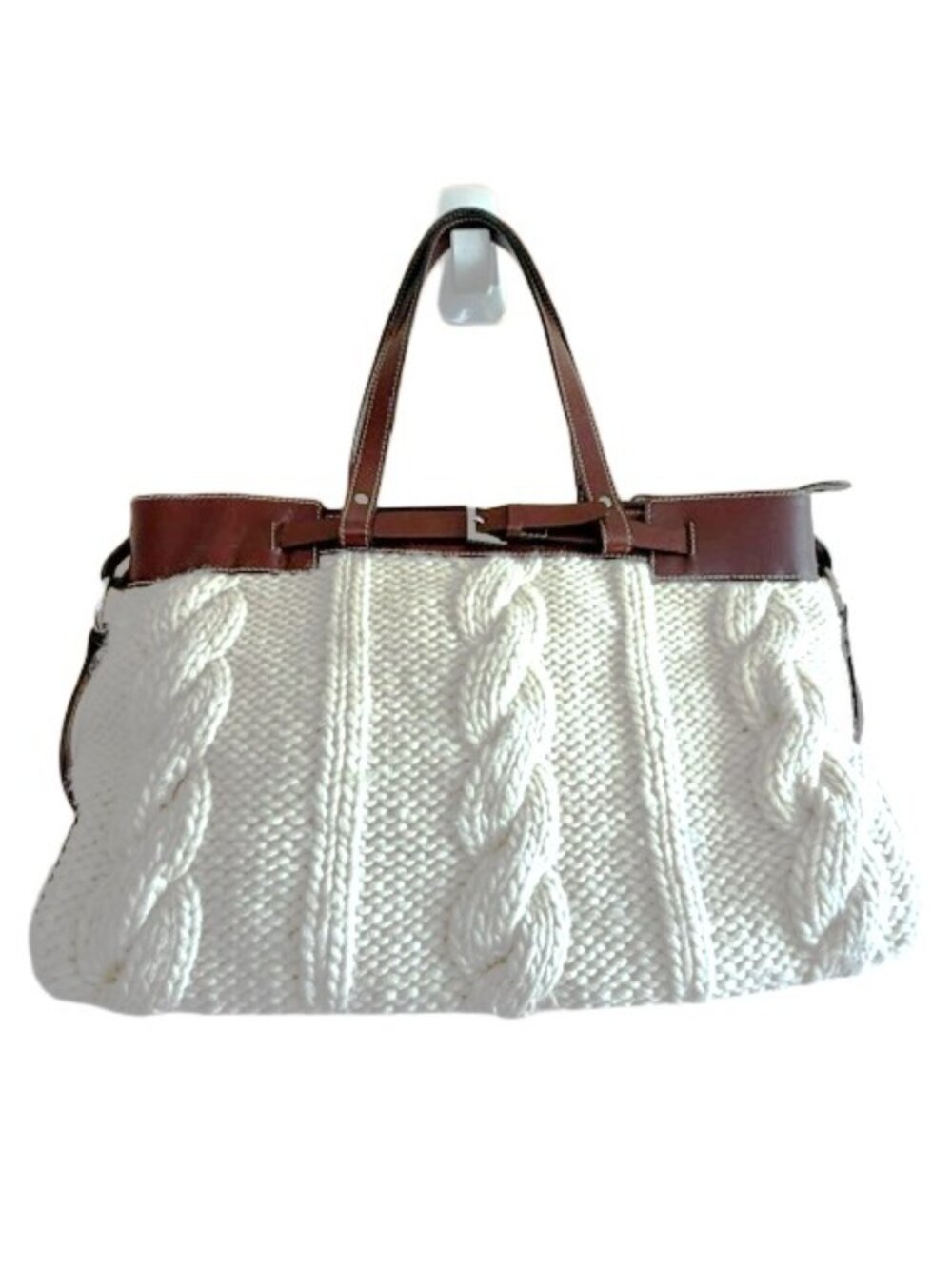 Margaret Nicole NYC Cable Knit Shoulder Bag Cream Brown Cozy Y2K